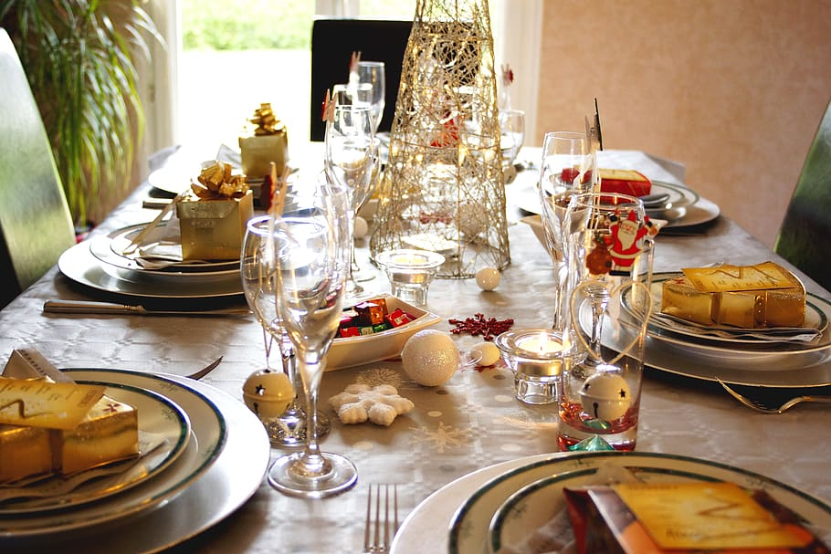 Dining room table set for Christmas holiday meal