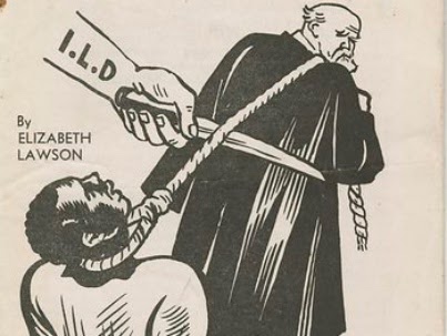 political cartoon with white judge holding a noose that is around black man's neck