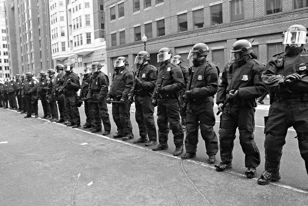 Riot police at protests on Trump inauguration in Washington DC