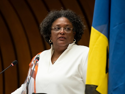 Mia Mottley speaking in front of microphone