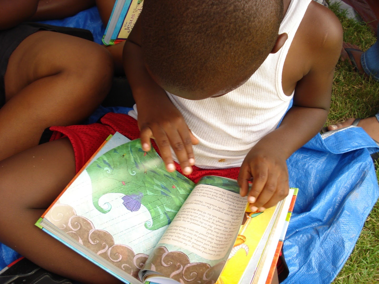 Young boy reading book