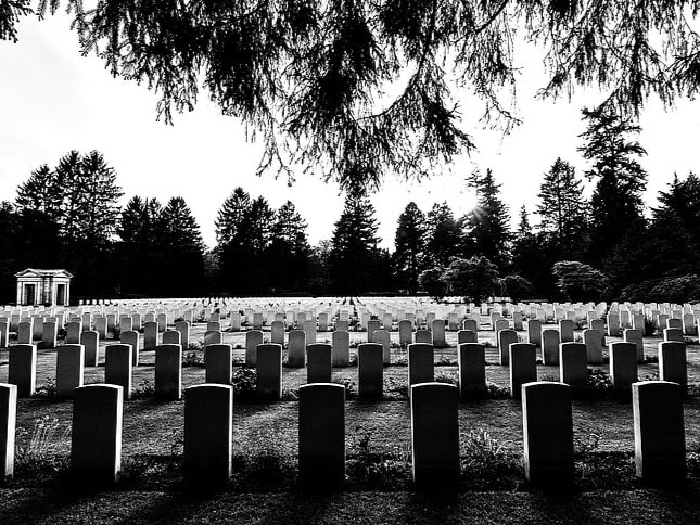 rows of tombstones in cemetery