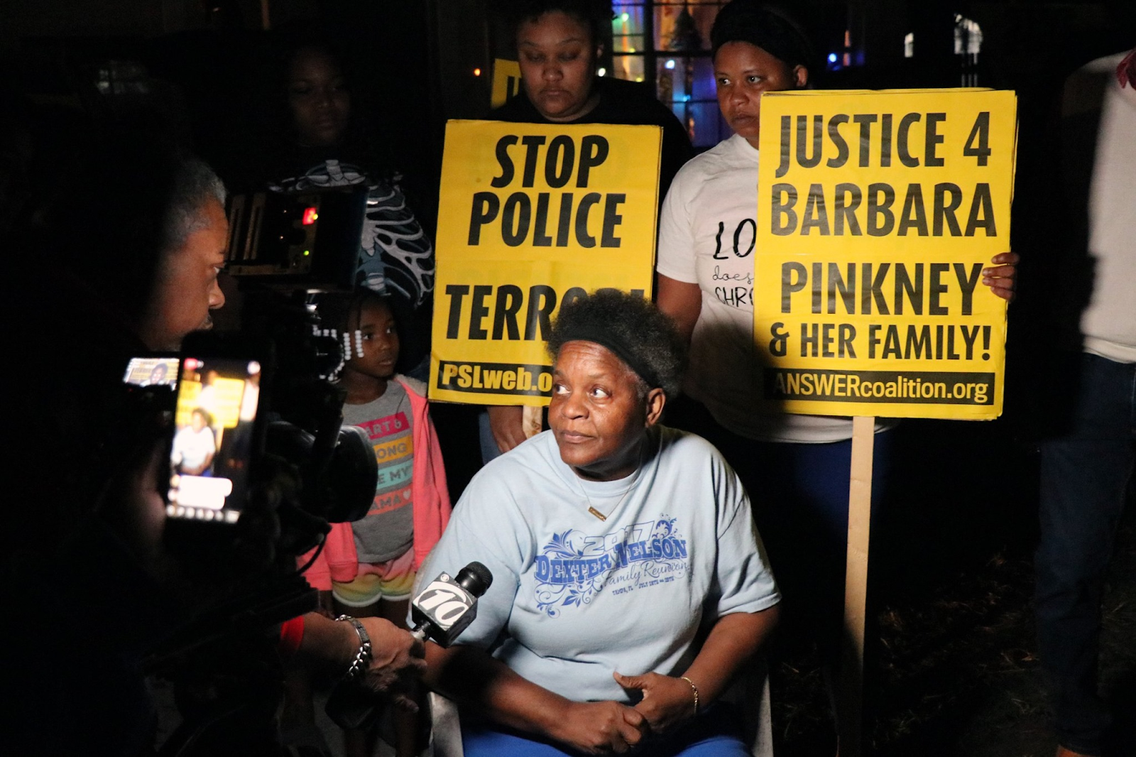TV interview at Justice For Barbara Pickney rally