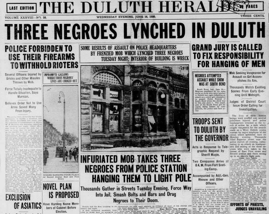 The Duluth Herald newspaper with lynching headlines