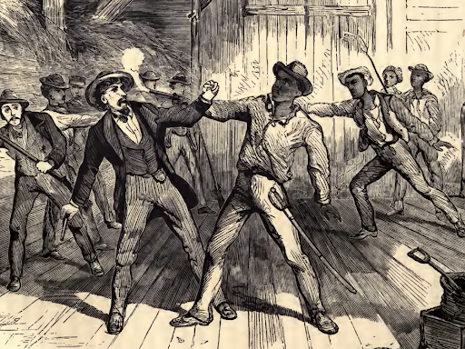 men fighting in a barn