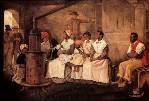 Enslaved women and children waiting for sale