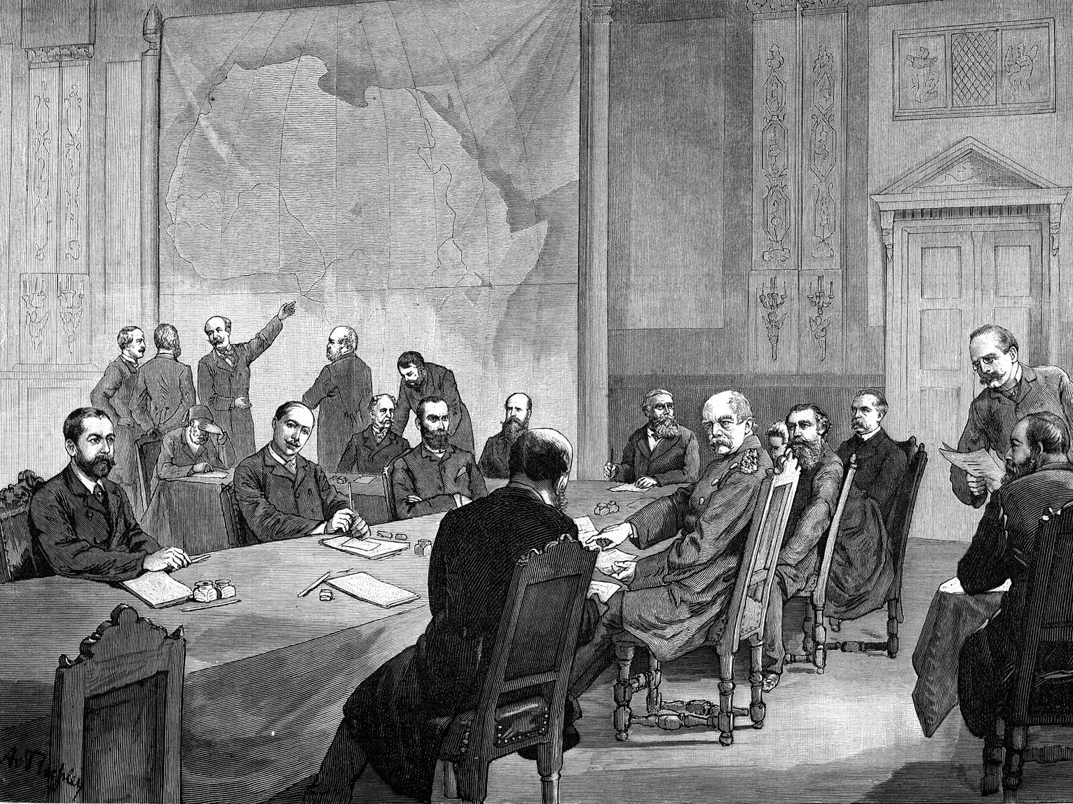 Drawing of men talking at a table with the map of Africa behind them