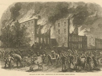 illustration of new york riots and buildings on fire