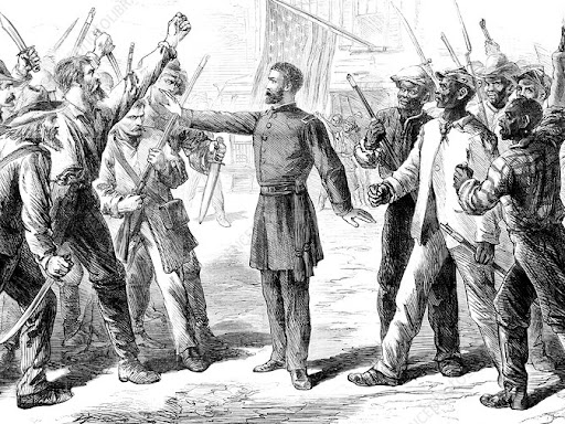 soldier standing in the middle of two armed groups of people 