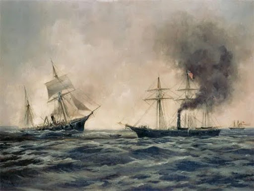 two ships on a water battling 