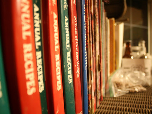 recipe books on a shelf
