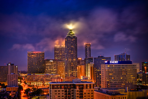 skyline of city at night time