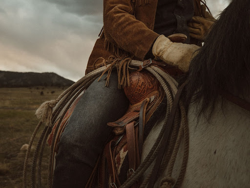 person on horseback in a pasture