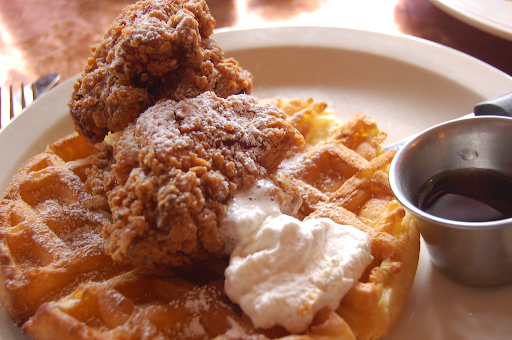 chicken and waffles on a plate