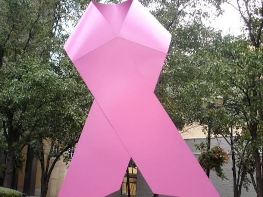 big pink ribbon on display in a park