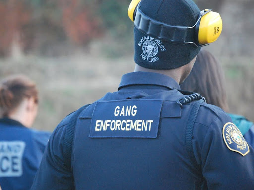 police officer with gang enforcement patch on back of uniform