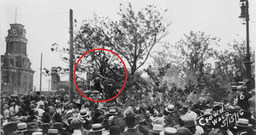 crowd of people gathered in street to watch the lynching of jesse washington