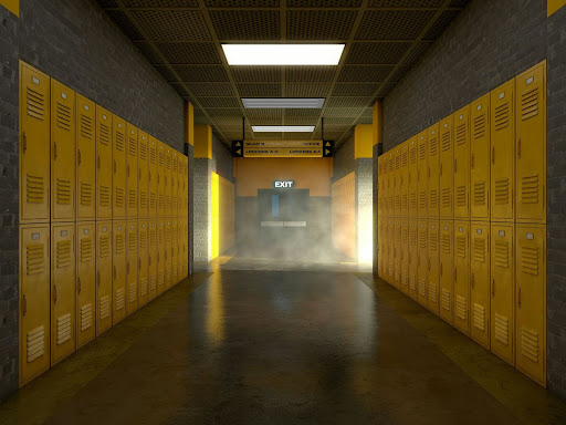 a look down a well lit clean school hallway