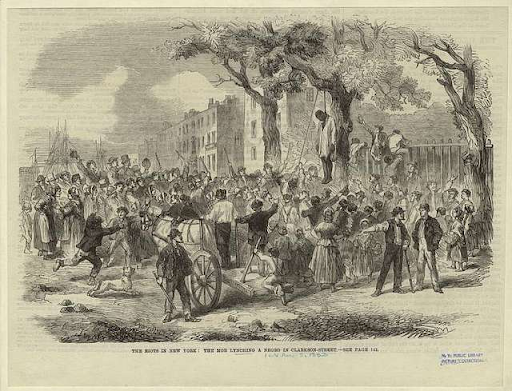 illustration of riots in new york and mob lynching
