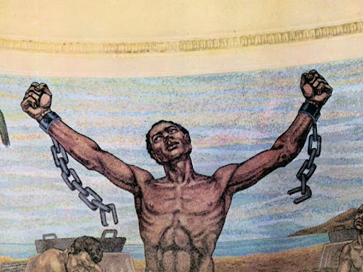 an enslaved person breaking themselves free of shackles