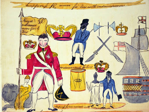 illustration of men in blue and red petticoats getting ready to battle
