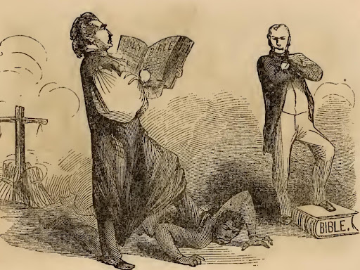 preacher with foot on an enslaved person with overseer on a pedestal with arms crossed