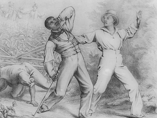 fugitive enslaved person being held by their capturer 