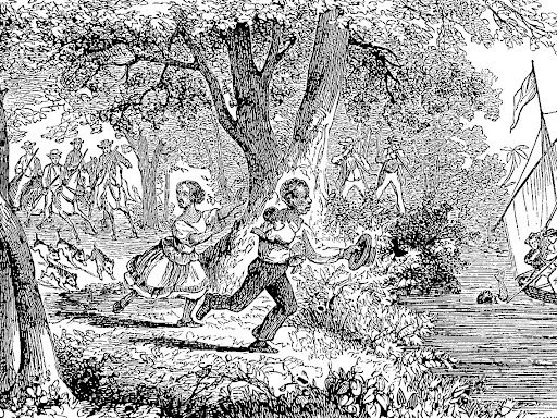 illustration of two enslaved persons running through a forest