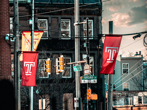 a city street with traffic lights and street signs