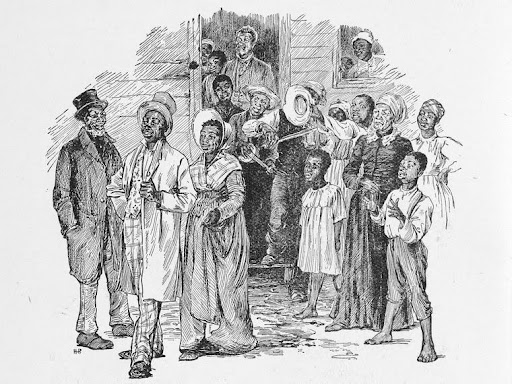 black people gathered in wedding garb