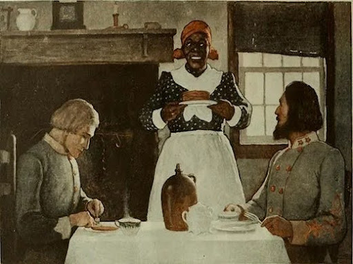 enslaved person serving guests at a dinner table