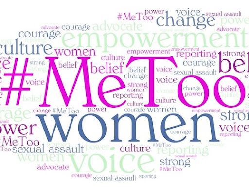 hash tag that says #metoo with the word women underneath with other hashtags in the background