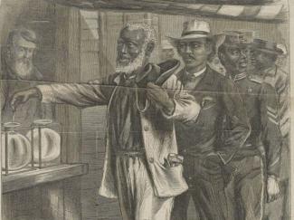Illustration shows a queue of African American men, the first, dressed as a laborer, casting his vote