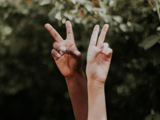 Two raised hands showing the peace sign