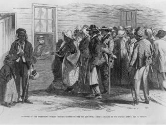 Illustration of freedmen's bureau issuing rations