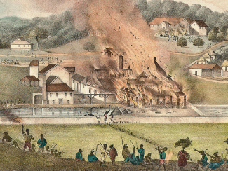Picture of the burning of Roehampton Estate during the Baptist War
