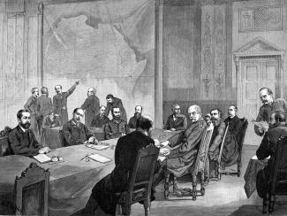 Drawing of men talking at a table with the map of Africa behind them