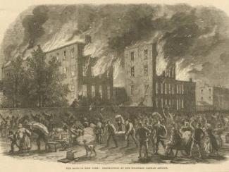 illustration of new york riots and buildings on fire