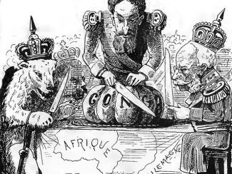 Cartoon depicting Belgian King Leopold II cutting up a pumpkin (representing the Congo) at the Berlin Conference of 1884