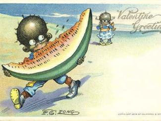 caricature of a black person eating watermelon on a beach 