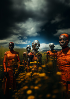 people standing a field looking futuristic