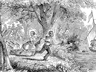 enslaved person running through a forest