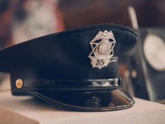 a police hat sitting on top of a box