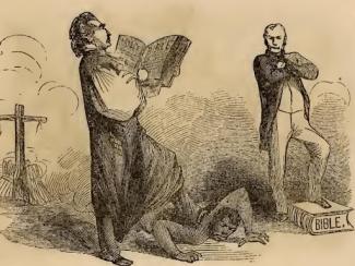 preacher with foot on an enslaved person with overseer on a pedestal with arms crossed