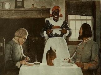 enslaved person serving guests at a dinner table
